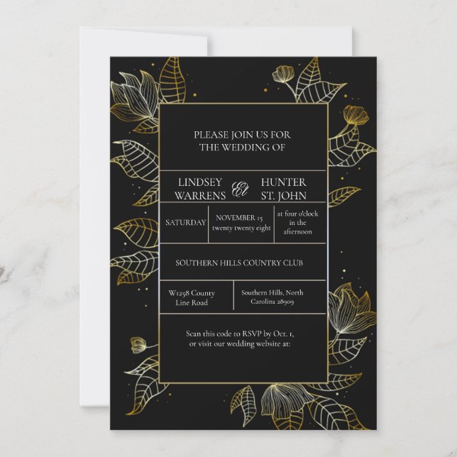 Convite de Casamento Elegante Preto e Dourado (Frente)