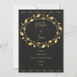 Convite de Casamento Elegante Preto e Folha Dourad