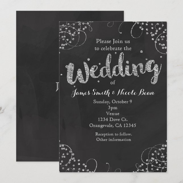Convite de Casamento Elegante Preto e Prata (Frente/Verso)