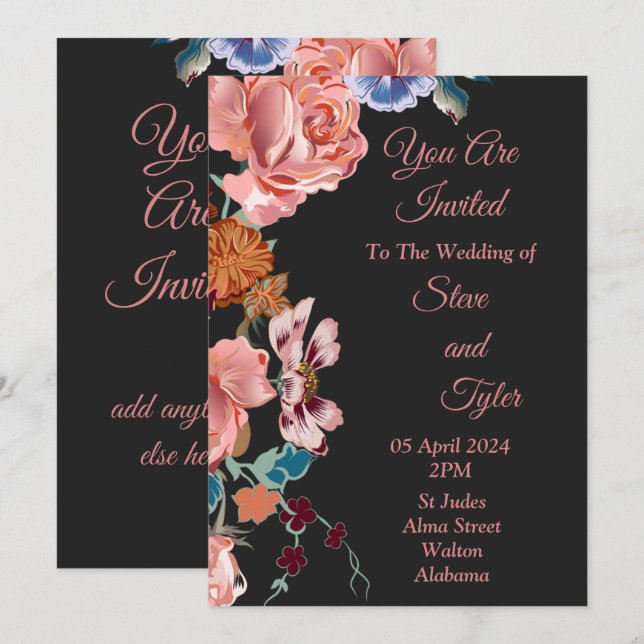 Convite de Casamento Elegante, preto, rosa, azul (Frente/Verso)