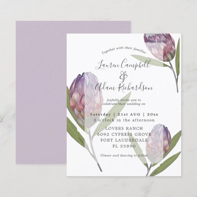 Convite de Casamento Elegante Protea Roxo Orçament (Frente/Verso)