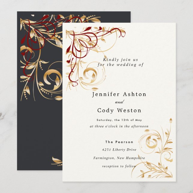 Convite de Casamento Elegante Redemoinho Dourado E (Frente/Verso)