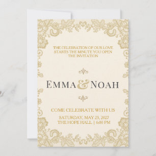 Convite de Casamento Elegante Renda Dourada Real