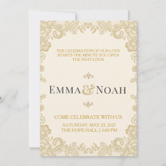 Convite de Casamento Elegante Renda Dourada Real