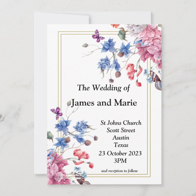 Convite de Casamento Elegante, rosa, flores azuis (Frente)