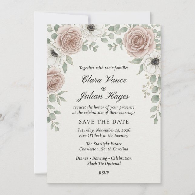 Convite de Casamento Elegante Rosa Rubor & Anêmona (Frente)