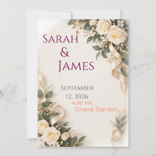 Convite de Casamento Elegante Rosas Brancas com Fi