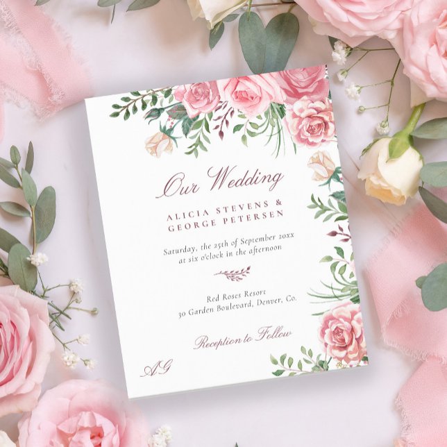 Convite de casamento elegante rosas cor-de-rosa or (Criador carregado)