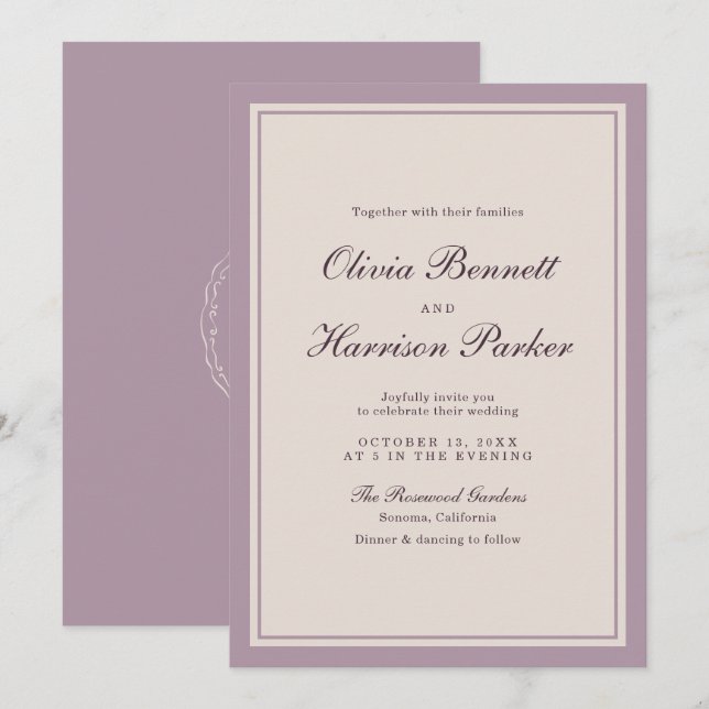 Convite de Casamento Elegante Roxo Ameixa (Frente/Verso)