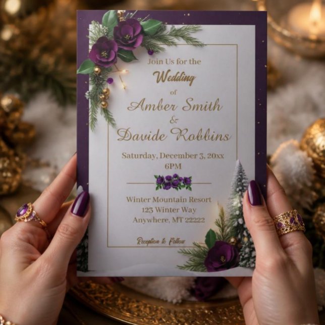 Convite de Casamento Elegante Roxo e Dourado (Criador carregado)