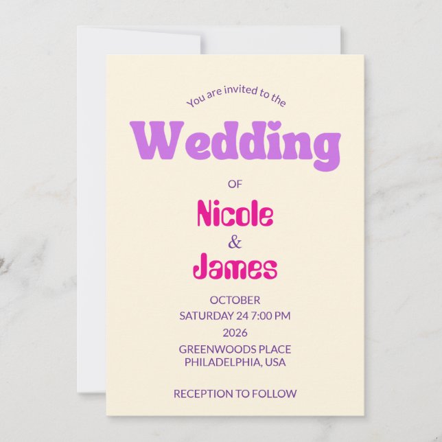 Convite de Casamento Elegante Roxo Moderno Pêssego (Frente)