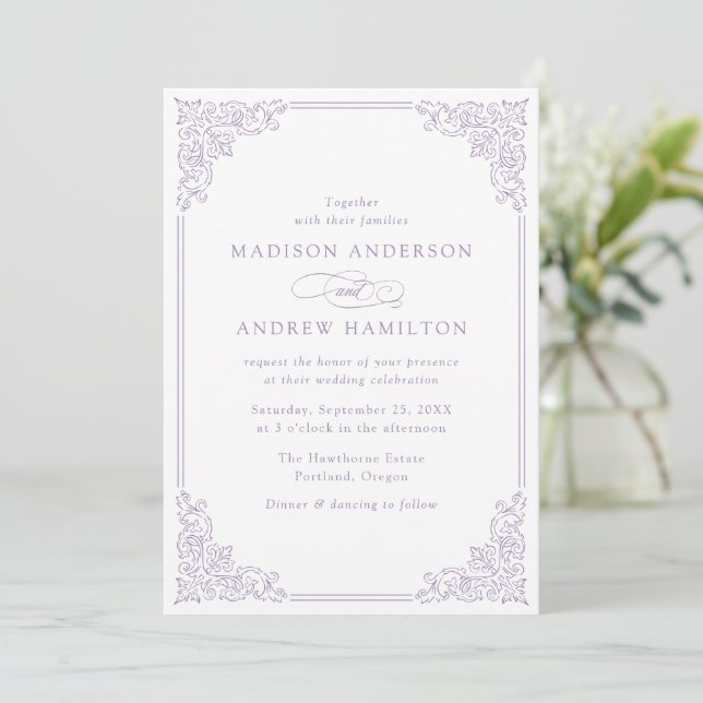 Convite de Casamento Elegante Roxo Vintage com Mol (Em pé/Frente)
