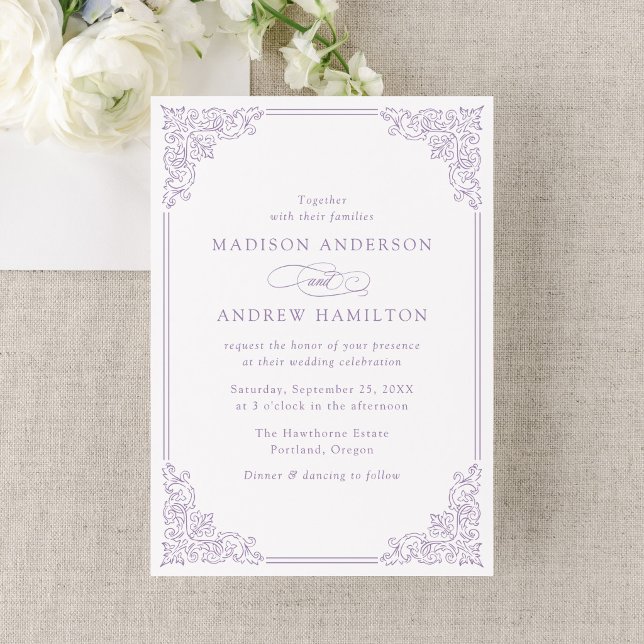 Convite de Casamento Elegante Roxo Vintage com Mol (Criador carregado)