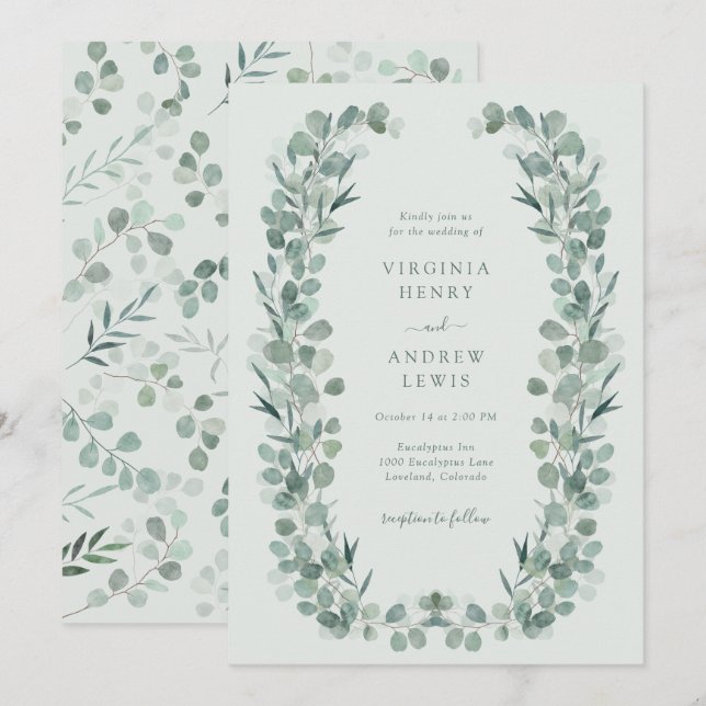 Convite de Casamento Elegante Sage Eucalipto (Frente/Verso)