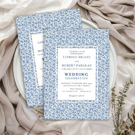 Convite de Casamento Elegante Toile de Jouy Azul V