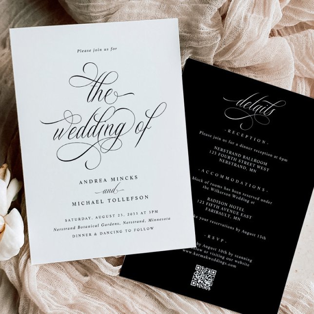 Convite de Casamento Elegante Tudo em Um com Detal (Elegant Luxury Wedding Invitations - Black & White Luxury Calligraphy Script - Details on Back)