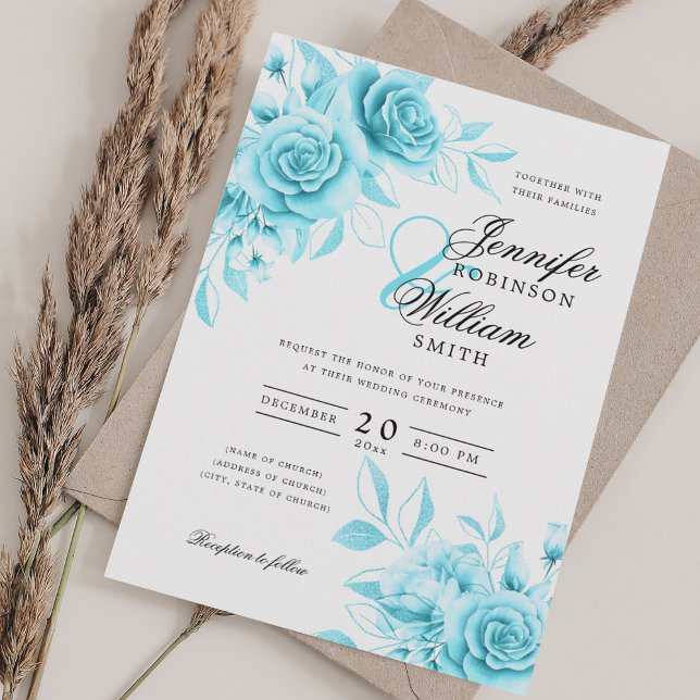 Convite de Casamento Elegante Turquesa com Floral  (Elegant Script Wedding Turquoise Floral w/ QR RSVP Invitation)