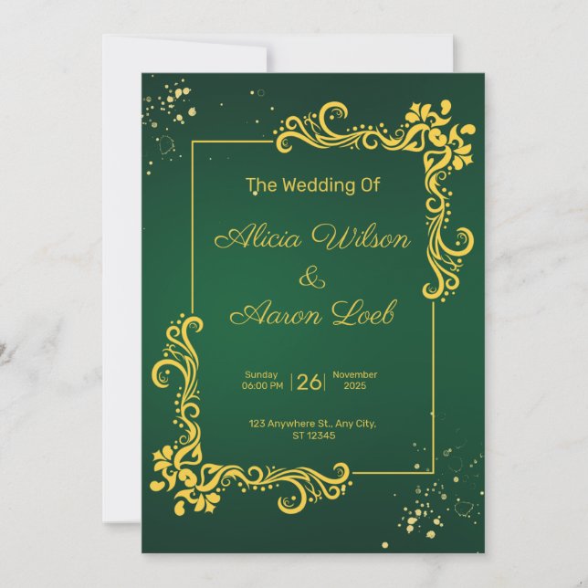 Convite de Casamento Elegante Verde e Dourado (Frente)