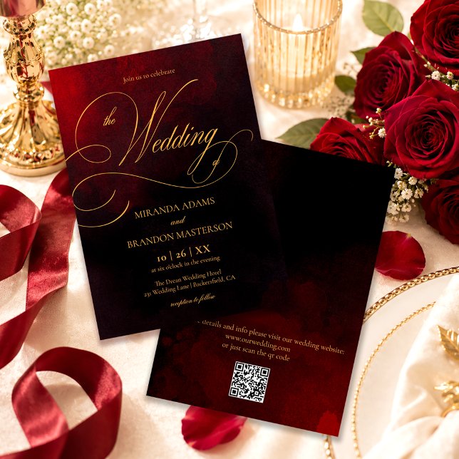 Convite de Casamento Elegante Vermelho Preto e Dou (Criador carregado)