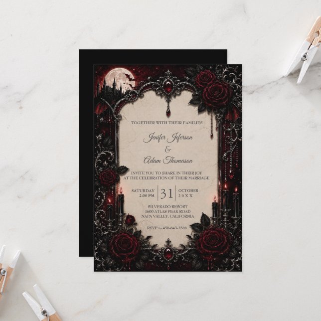 Convite de Casamento Elegante Vermelho Vintage Gót (Frente/Verso In Situ)