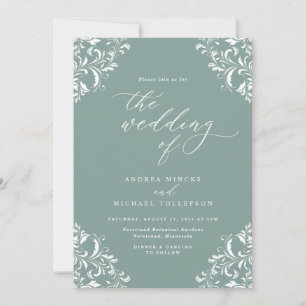 Convite de Casamento Elegante Vintage Verde Mar
