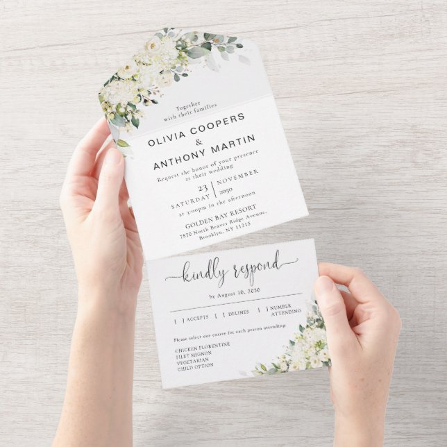 Convite de Casamento Elegantes Flores Brancas Tudo (Aba destacável)