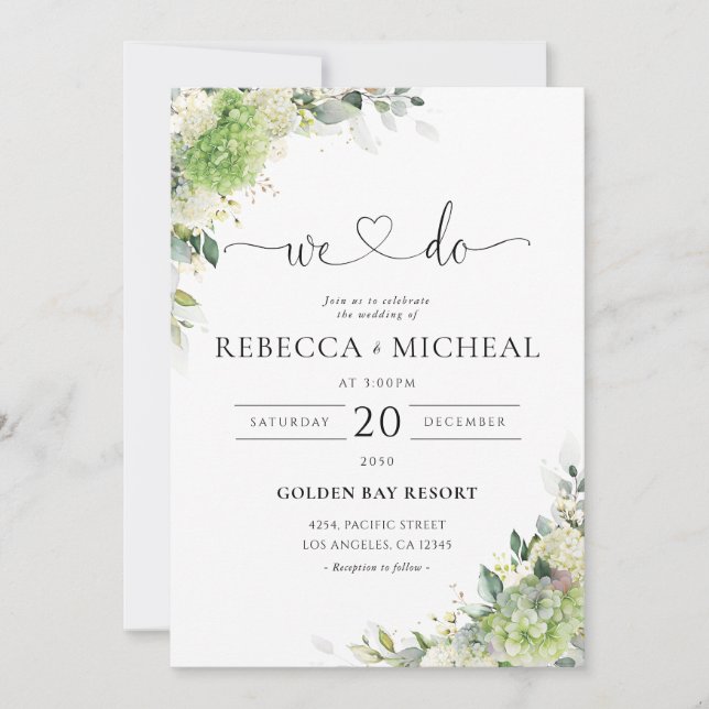 Convite de Casamento Elegantes Hortênsias (Frente)
