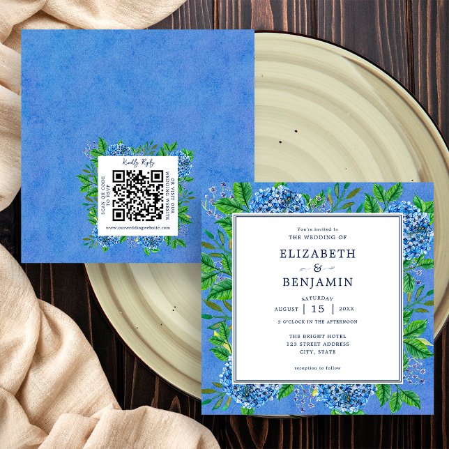 Convite de Casamento Elegantes Hortênsias com Códi (Front / Back)