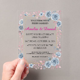 Convite de Casamento em Acrílico Floral Azul Empoe