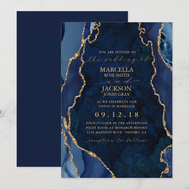 Convite de Casamento em Ágata Azul Marinho e Doura (Frente/Verso)