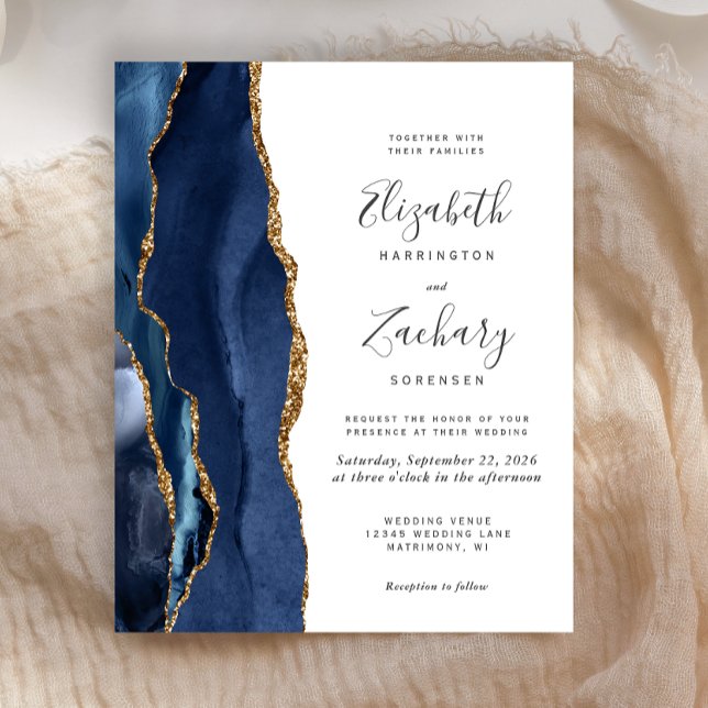 Convite de Casamento em Ágata Azul Naval Dourado E (Criador carregado)