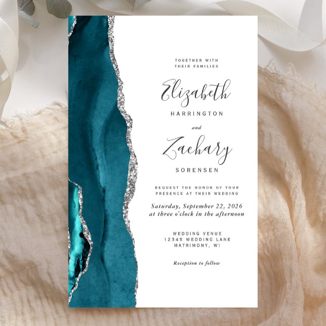 Convite de Casamento em Ágata Azul Teal com Prata  (Criador carregado)