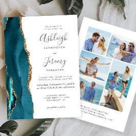 Convite de Casamento em Ágata Azul Teal Dourado co