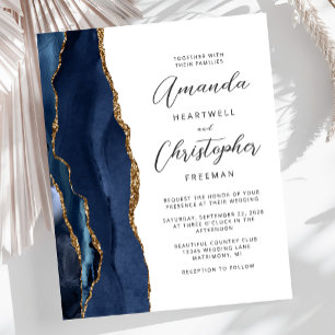 Convite de Casamento em Ágata Dourada Azul Marinho