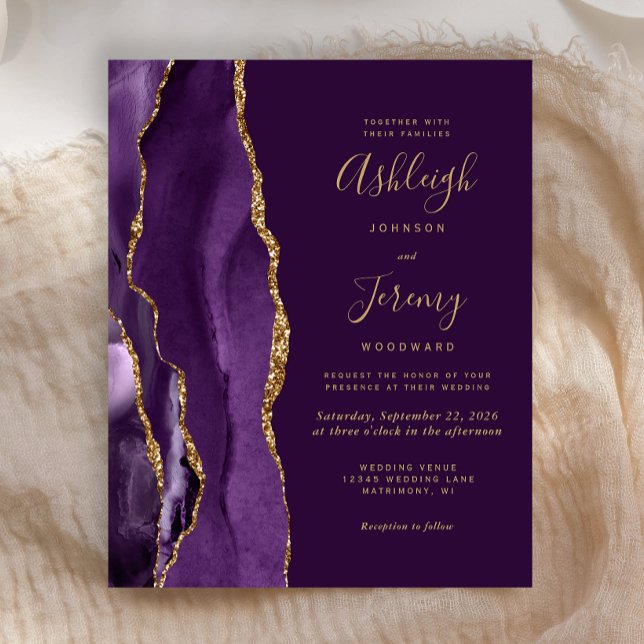 Convite de Casamento em Ágata Dourada e Roxo Fundo (Criador carregado)