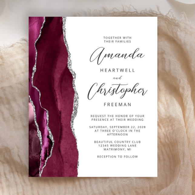 Convite de Casamento em Ágata Prata Burgundy Econô (Criador carregado)