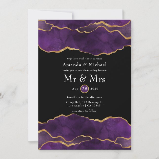 Convite de Casamento em Ágata Roxo e Dourado (Frente)
