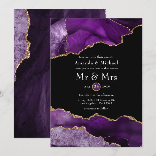 Convite de Casamento em Ágata Roxo e Dourado (Frente/Verso)