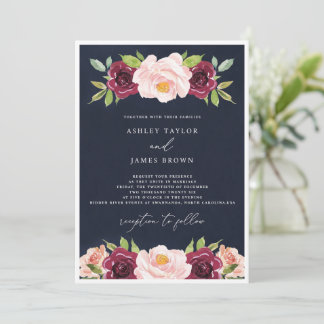 Convite de Casamento em Aquarela Azul Marinho e Bo