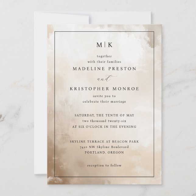 Convite de Casamento em Aquarela Bege Elegante (Frente)