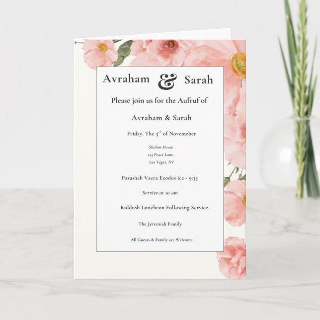 Convite de Casamento em Aquarela Rosa Aufruf Judai (Frente)