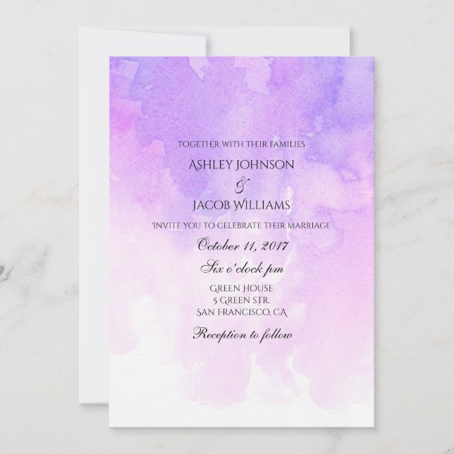 Convite de casamento em aquarela. Rosa e roxo (Frente)