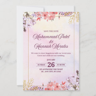 Convite de Casamento em Aquarela Rosa e Roxo Elega