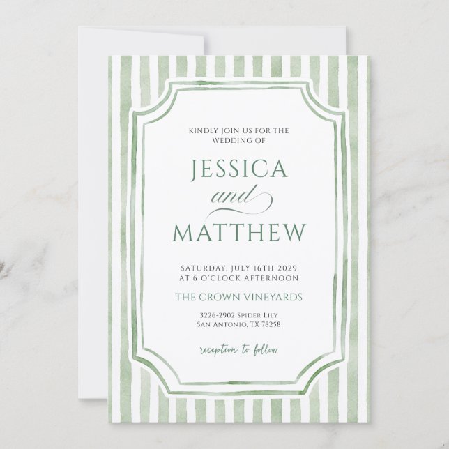 Convite de Casamento em Aquarela Verde Sage Listra (Frente)
