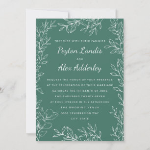 Convite de Casamento em Arte Linear Botânica Verde