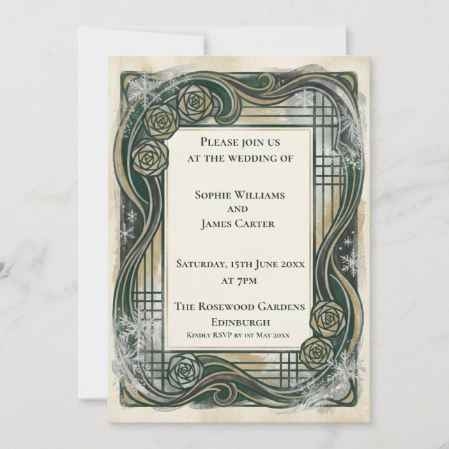 Convite de Casamento em Arte Nova Verde (Frente)