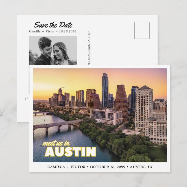 Convite de casamento em Austin com data para salva (Frente/Verso)