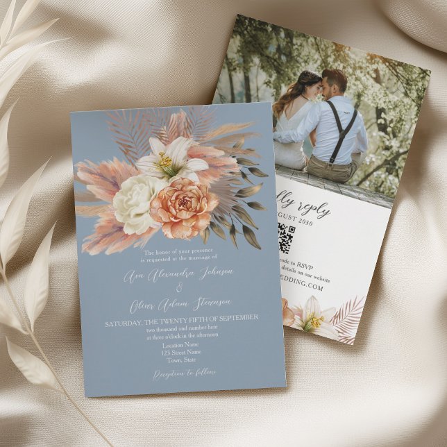 Convite de Casamento em Azul Empoeirado com Pêsseg (Criador carregado)