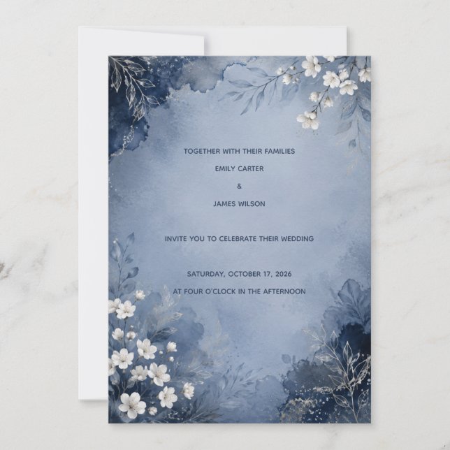 Convite de casamento em azul empoeirado e flor de  (Frente)
