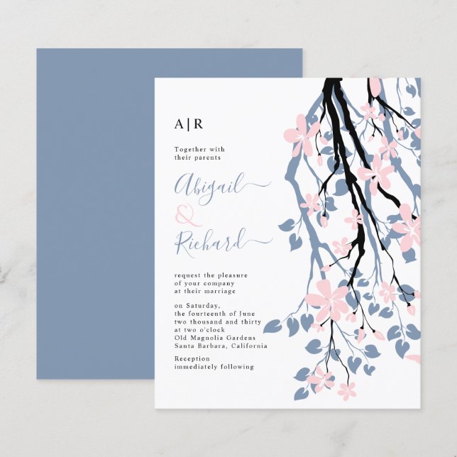 Convite de casamento em azul empoeirado e floral c (Frente/Verso)